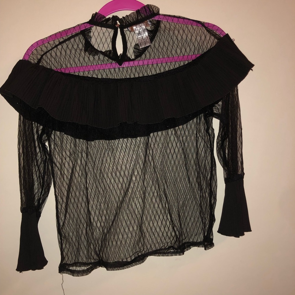 Black Ruffled Sheer Blouse with Bell Sleeves